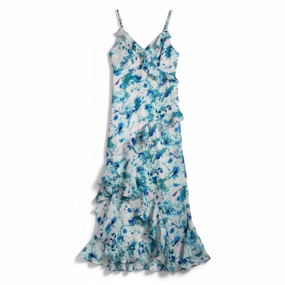 Joyana Floral Midi Dress Blue Green Pastel Watercolor Smocked Bodice Ruffles S